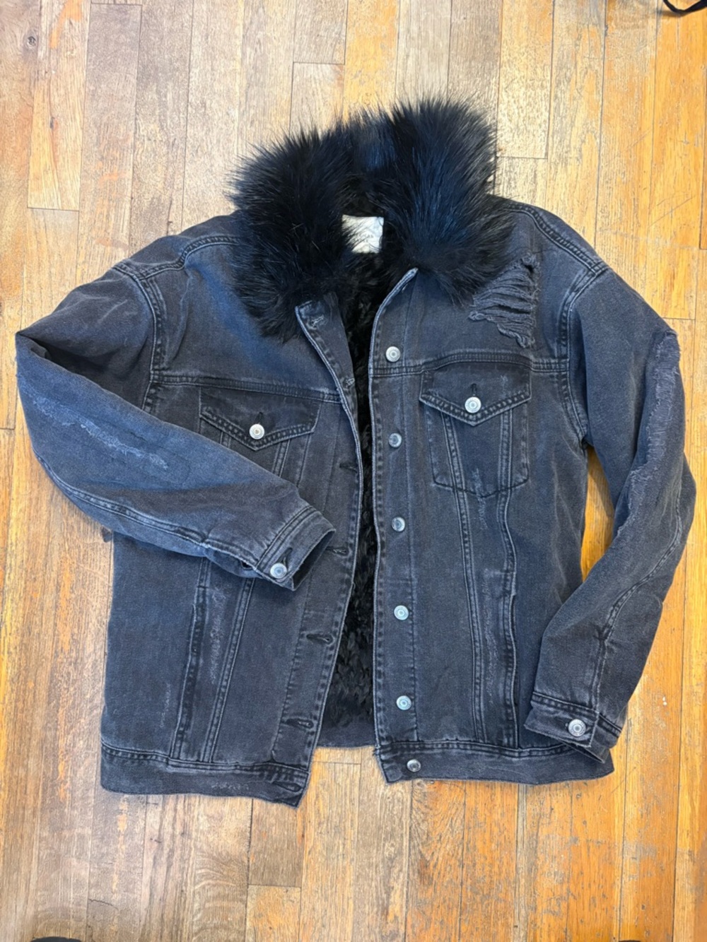 American Eagle Outfitters Black Faux Fur-Lined Denim Jacket, Medium